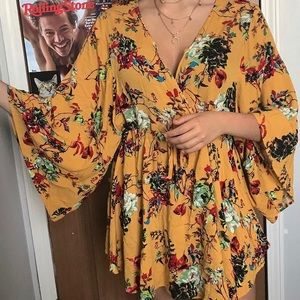 Flounce Sleeve, Tie, Yellow/Floral Print Dress
